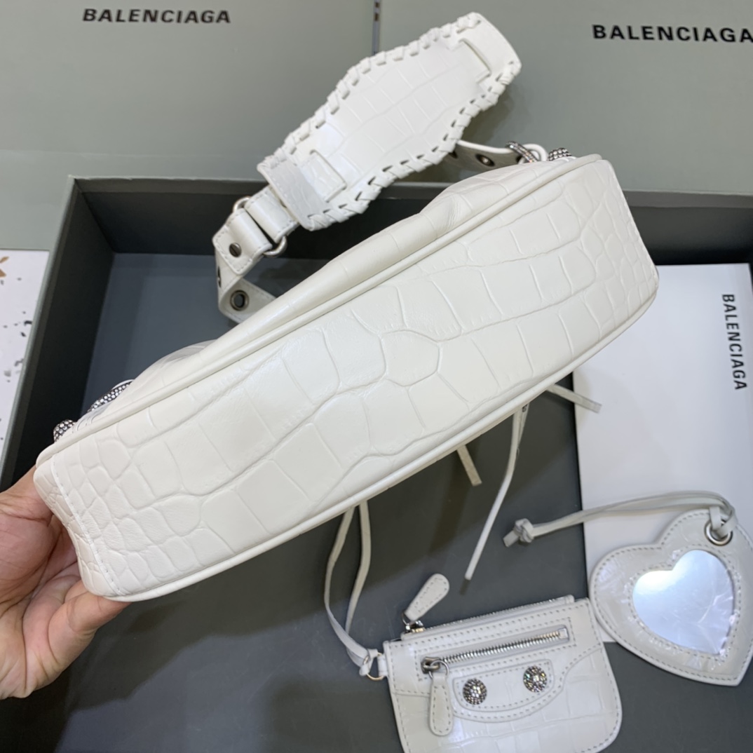 Balenciaga Le Cagole XS Shoulder Bag Crocodile Embossed Rhinestones White 